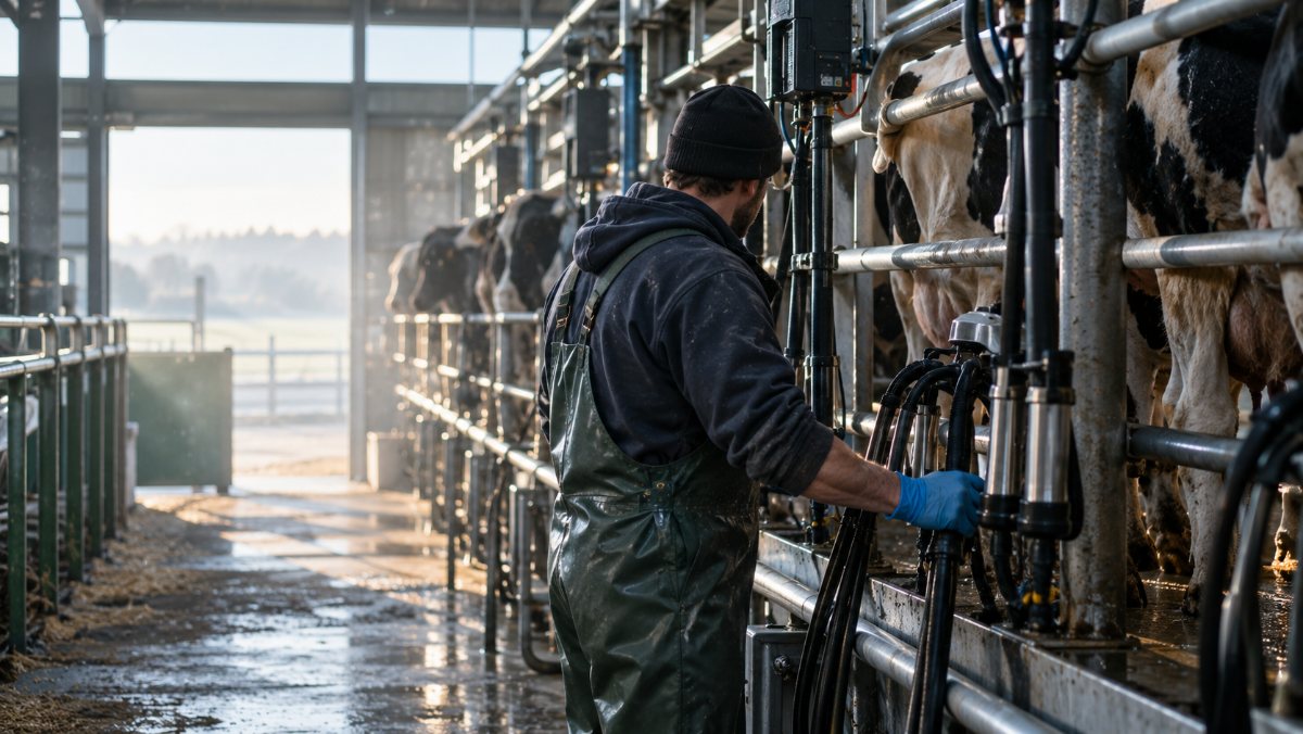 Farm worker operating a dairy milking parlour at dawn