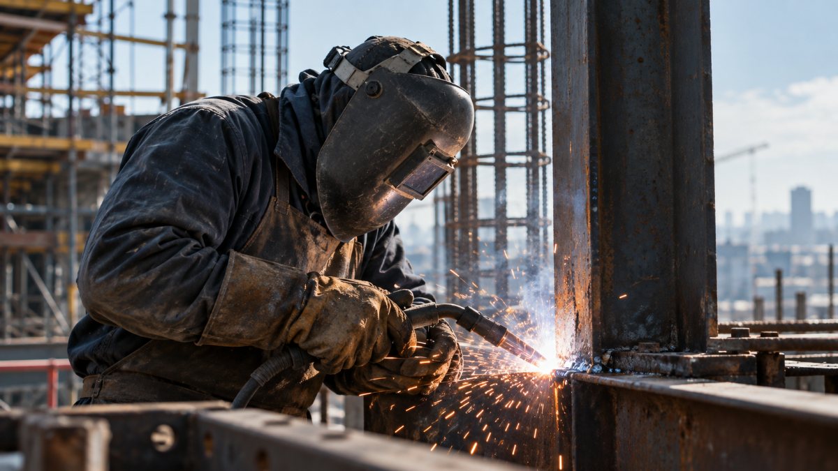 Welder working on structural steel at a construction site