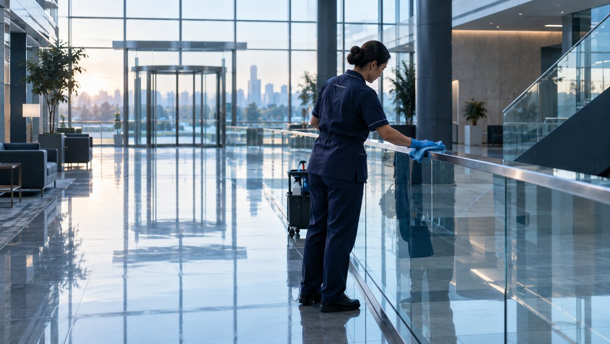 Cleaning operative polishing a glass balustrade in an office lobby at dawn