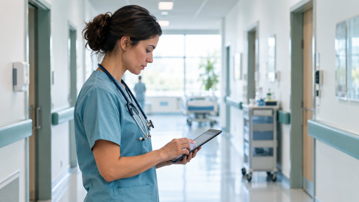 Nurse reviewing patient notes on a tablet in a hospital corridor