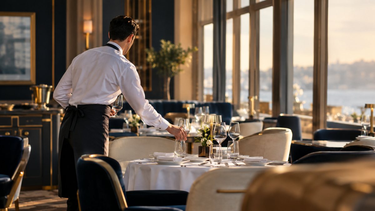 Waiter setting a table in a five-star hotel restaurant