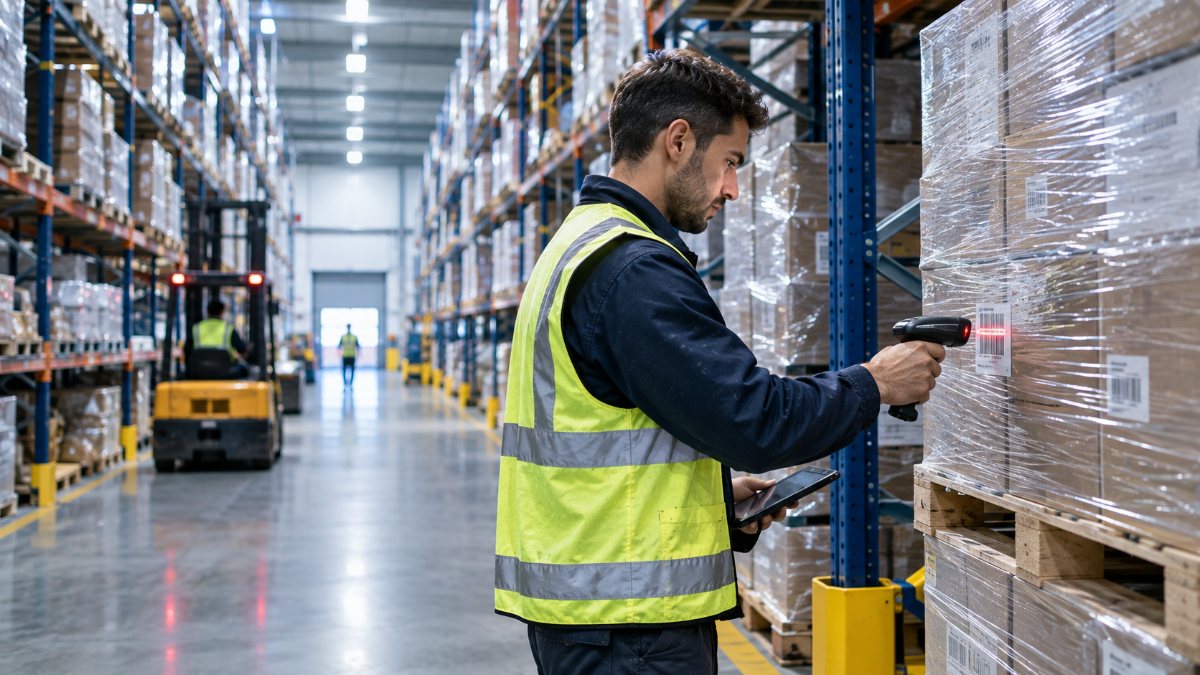 Warehouse operative scanning a pallet barcode in a distribution centre