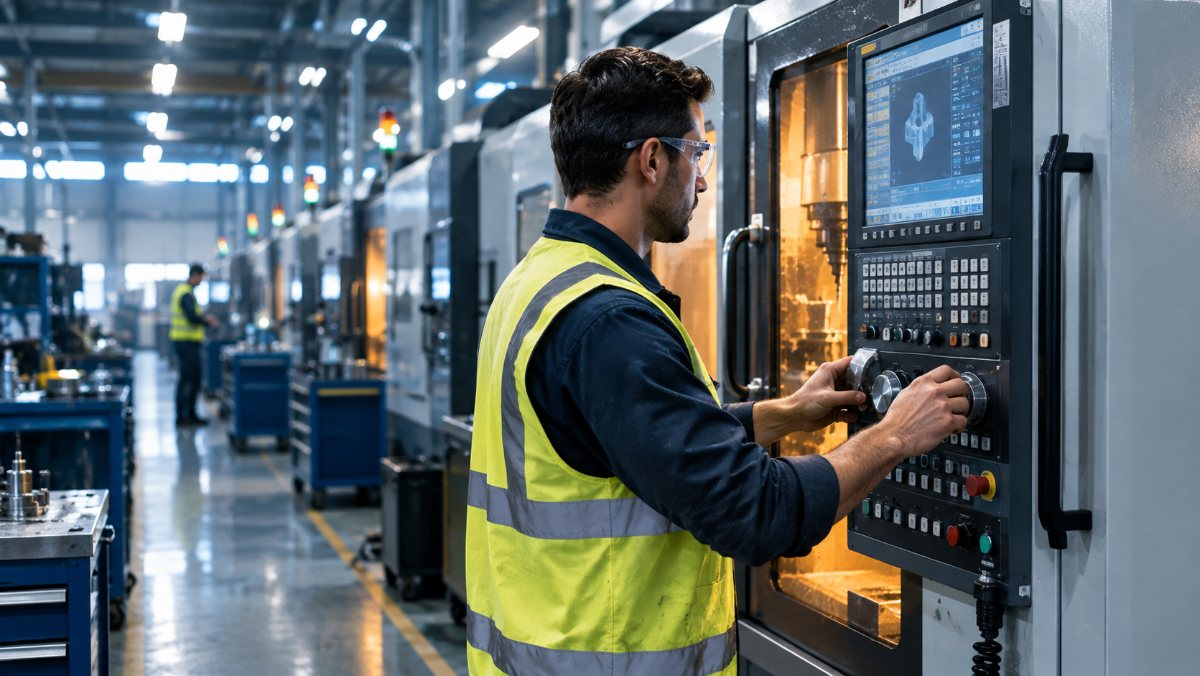 Machine operator at a CNC control panel on a factory floor