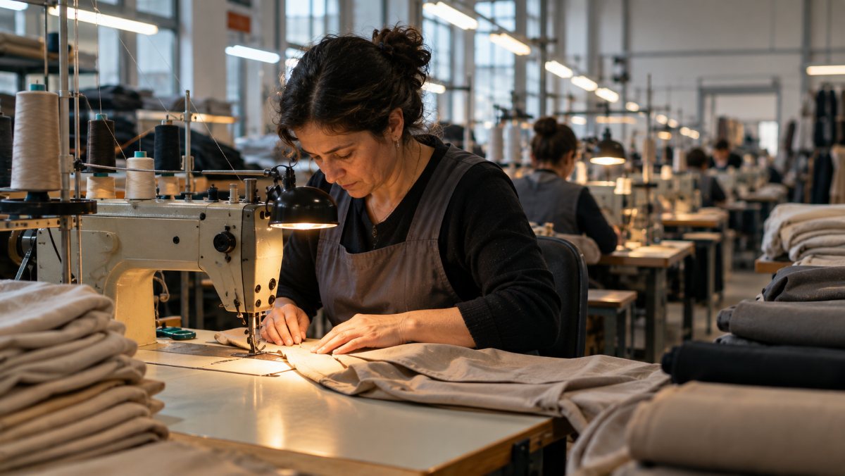 Machinist guiding fabric through an industrial sewing machine